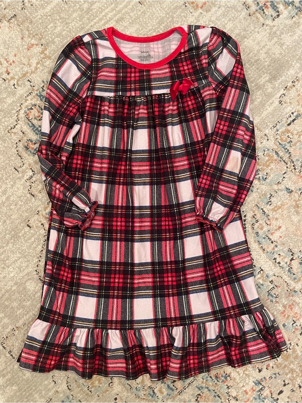 Girls Red Plaid Long-Sleeve Nightgown with Ruffle Hem 6/6x